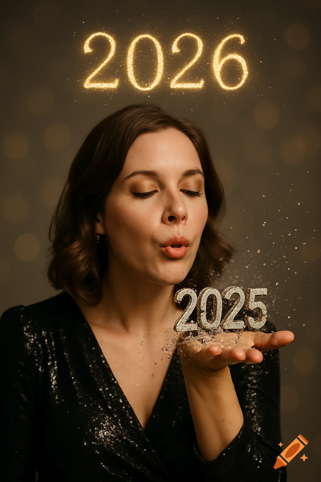 A woman in a sequined dress blows glitter off her hand, forming the number 2025, while the glowing number 2026 hovers above.