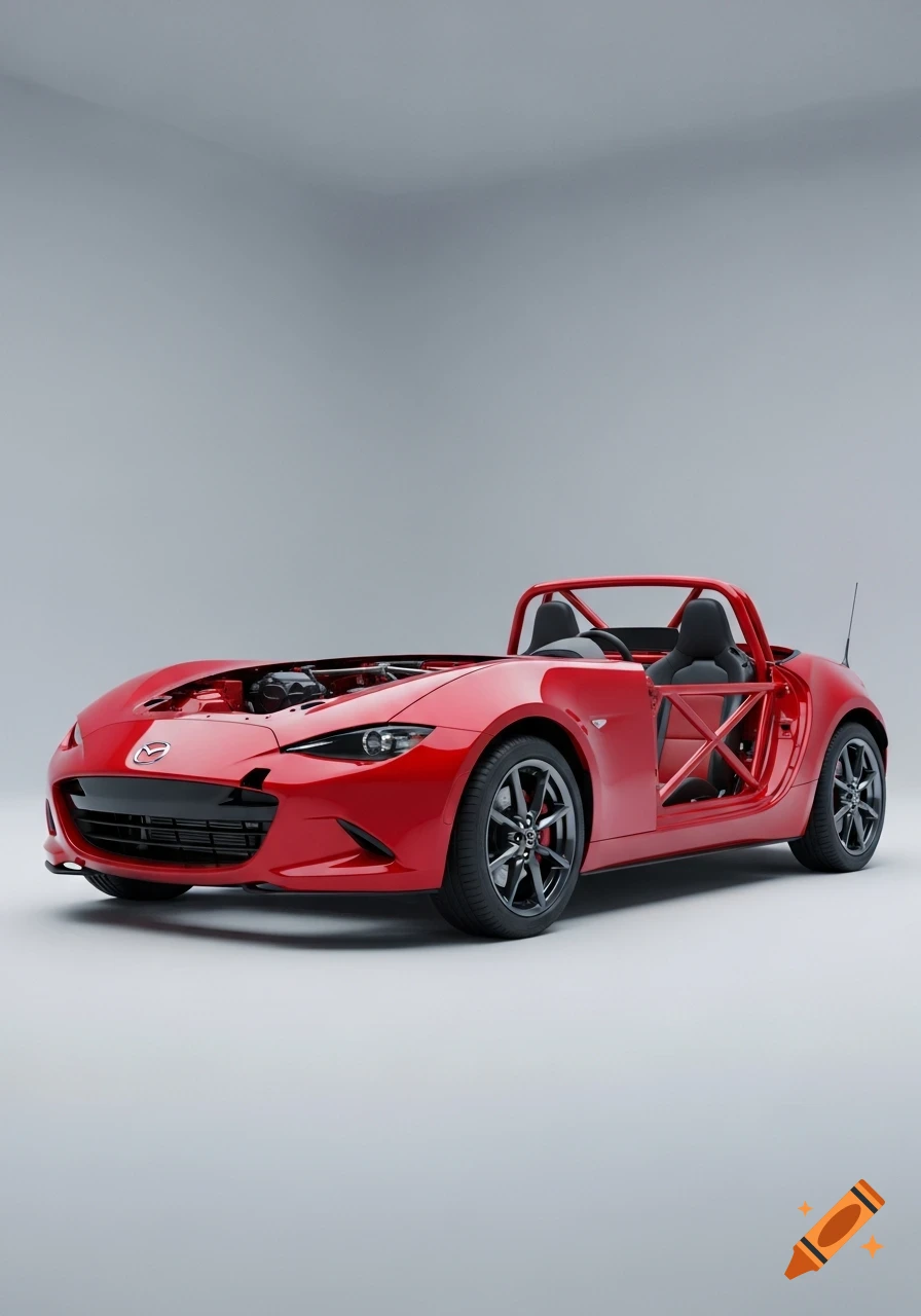 A red 2020 Mazda MX-5 Miata roadster with its body panels removed, revealing the chassis and internal structure, on a white background.