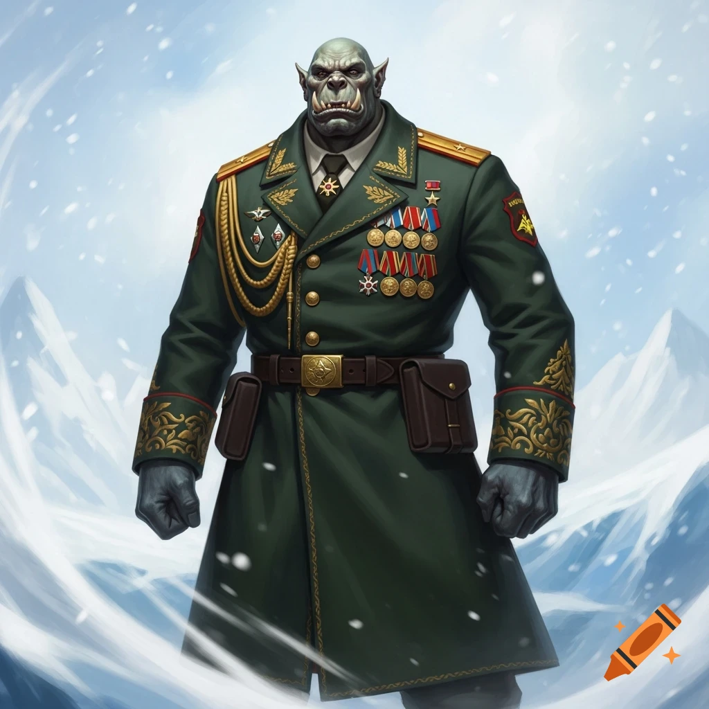 A powerful orc general in a green military uniform adorned with ...