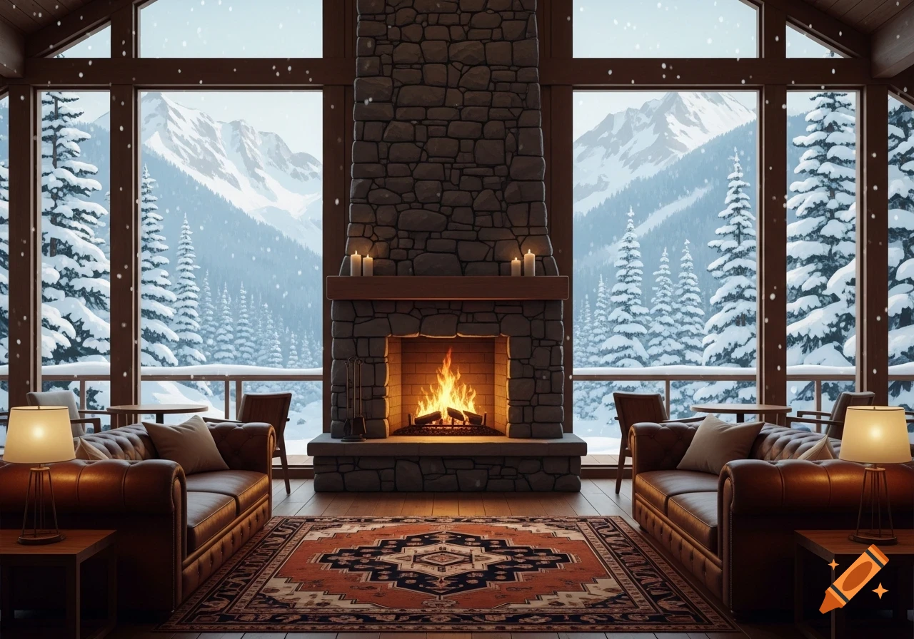 Cozy cabin interior with a lit fireplace, leather sofas, and large windows revealing a snowy mountain landscape with pine trees.