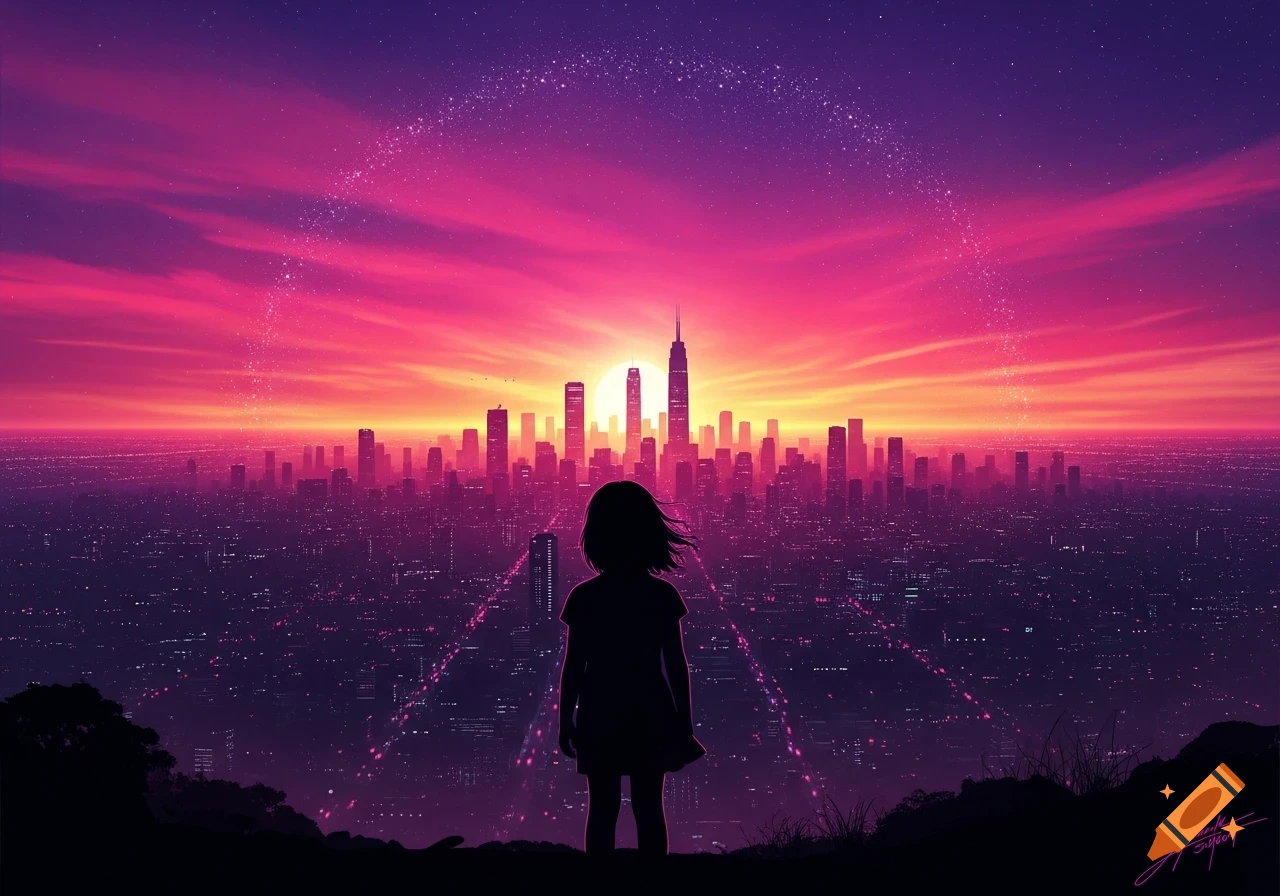 A silhouette of a girl overlooking a futuristic city skyline at a vibrant pink and purple synthwave sunset with sparkling trails.