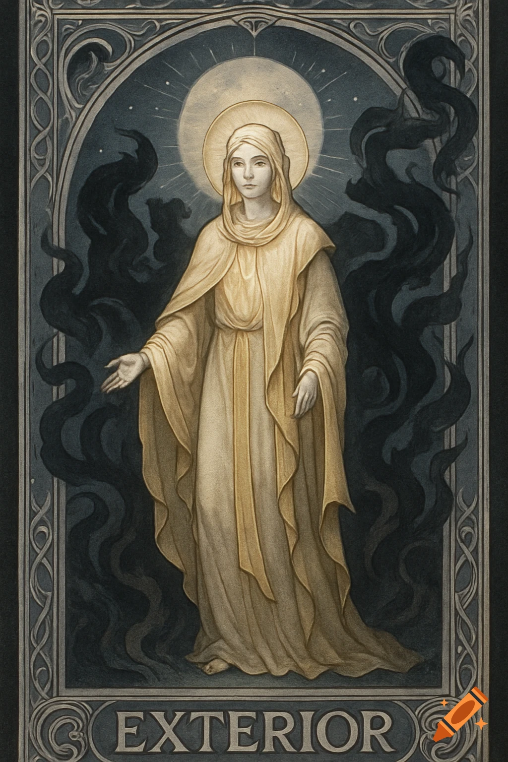 A robed figure with a halo in an ornate tarot card frame, surrounded by dark smoke. 'EXTERIOR' is at the bottom.