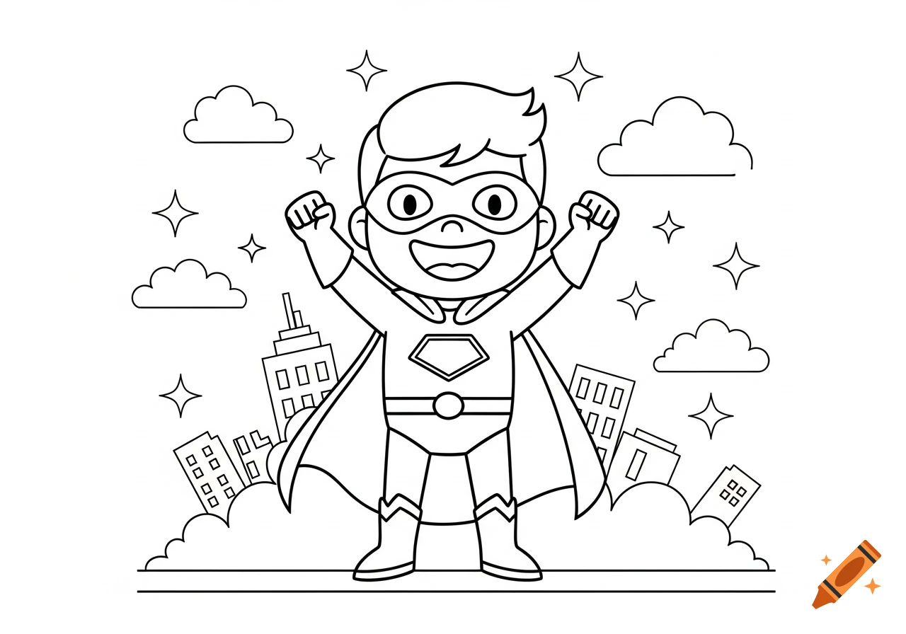 Black and white line art of a smiling superhero boy in a mask and cape, standing confidently against a city skyline and stars, suitable for a coloring page.