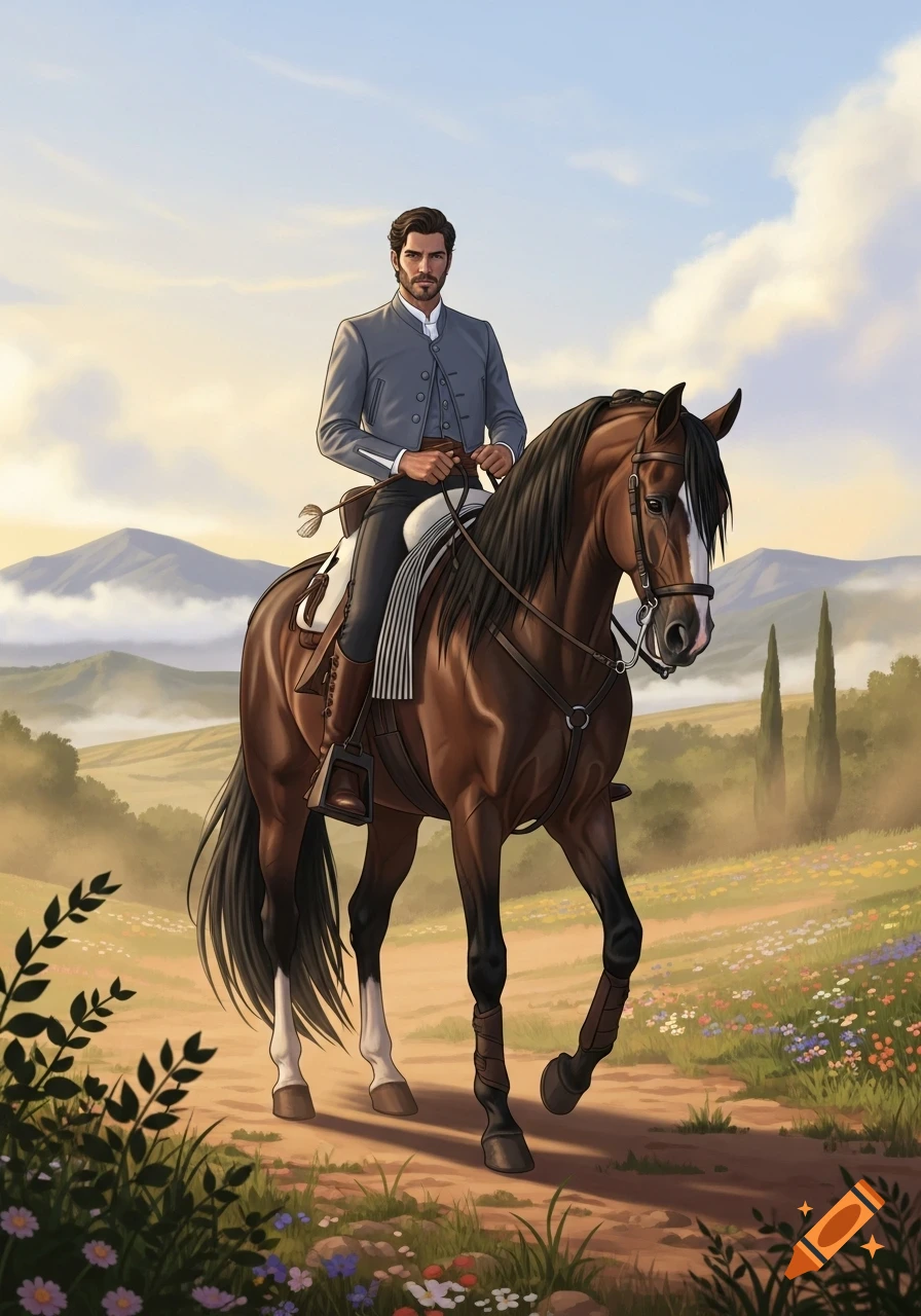 An illustration of a man with dark hair riding a brown horse in a sunny, verdant landscape with rolling hills and distant mountains.