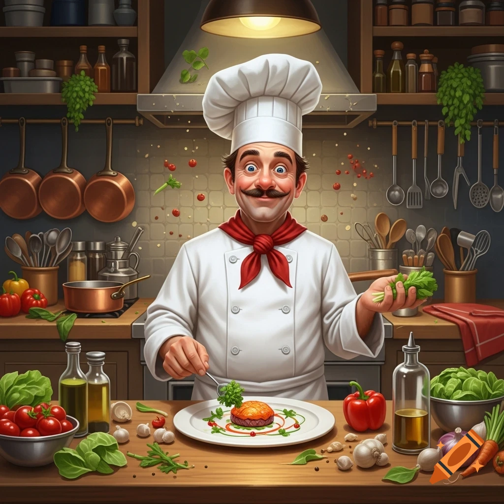 A cartoonish, enthusiastic chef with a mustache and white uniform prepares a meal in a detailed kitchen, surrounded by ingredients.