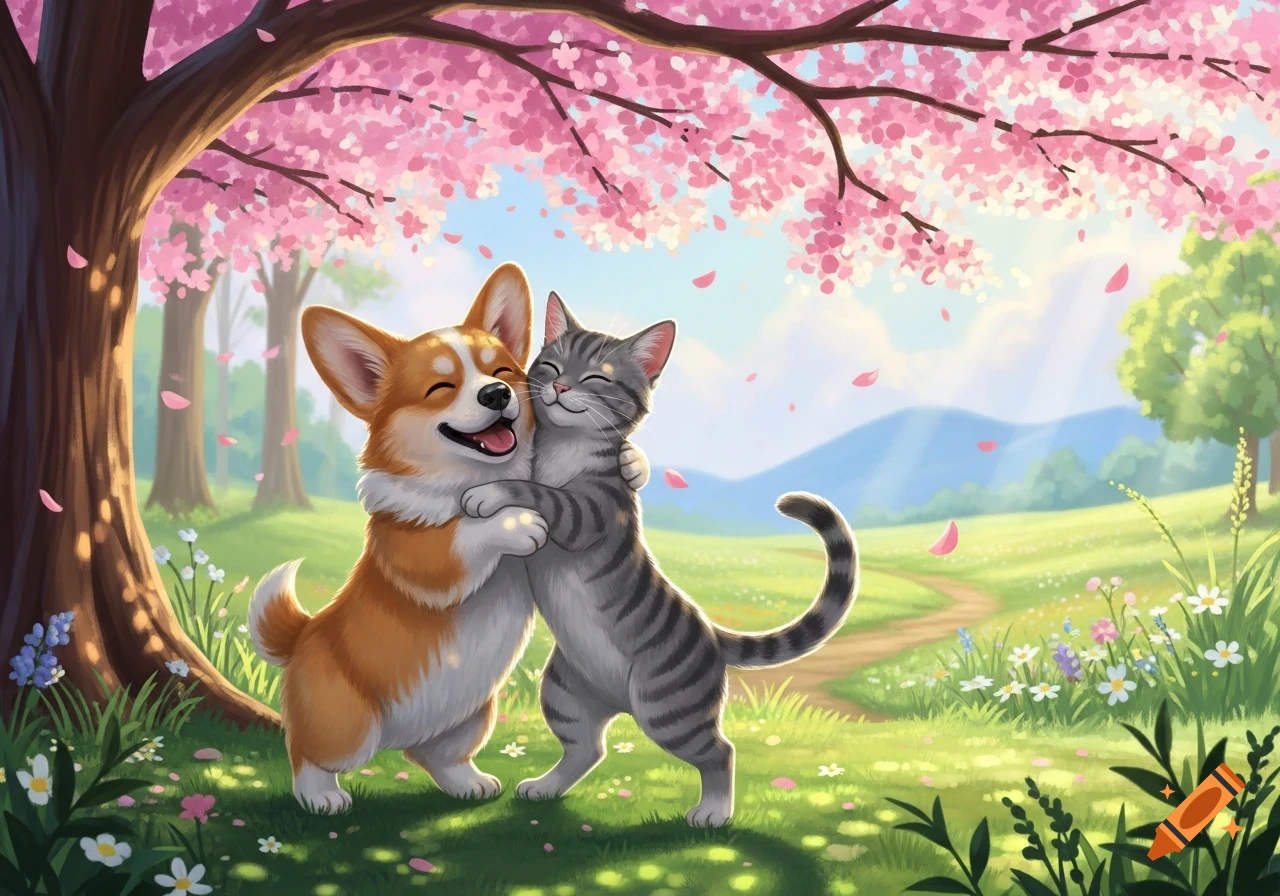Cartoon illustration of a happy corgi and tabby cat hugging under a pink cherry blossom tree in a sunny field.
