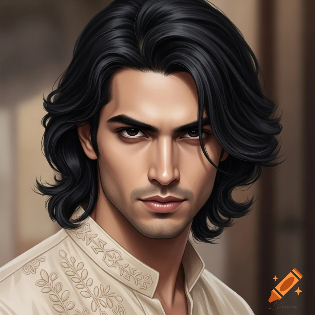 Digital art portrait of a man with long dark hair, dark eyes, stubble, and a beige embroidered shirt.