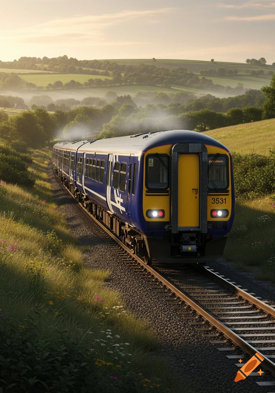A blue and yellow train travels on tracks through a misty, sunlit green countryside with rolling hills.