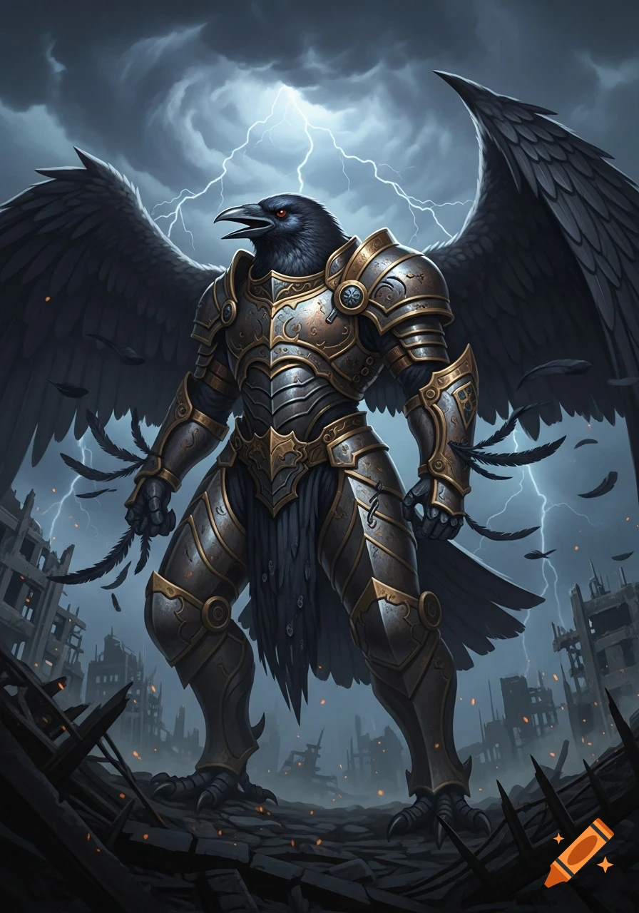 A majestic humanoid crow warrior in elaborate gold and silver armor ...