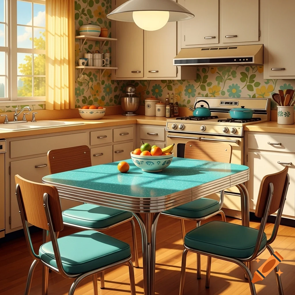 A brightly lit, retro 1960s kitchen with floral wallpaper, a light blue speckled Formica table, and matching chairs.