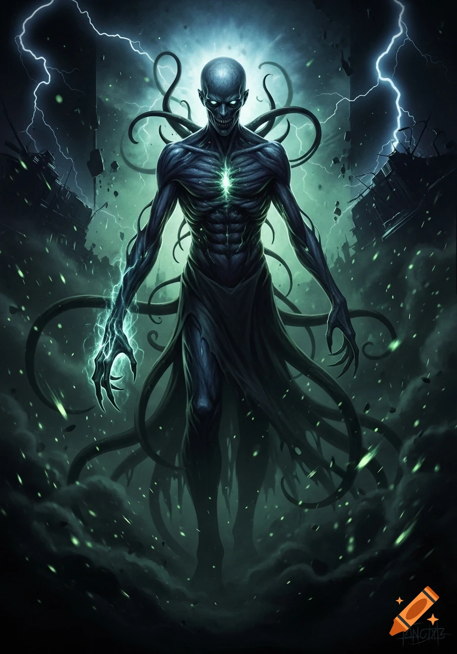 A monstrous, gaunt figure with glowing green eyes and chest stands ...