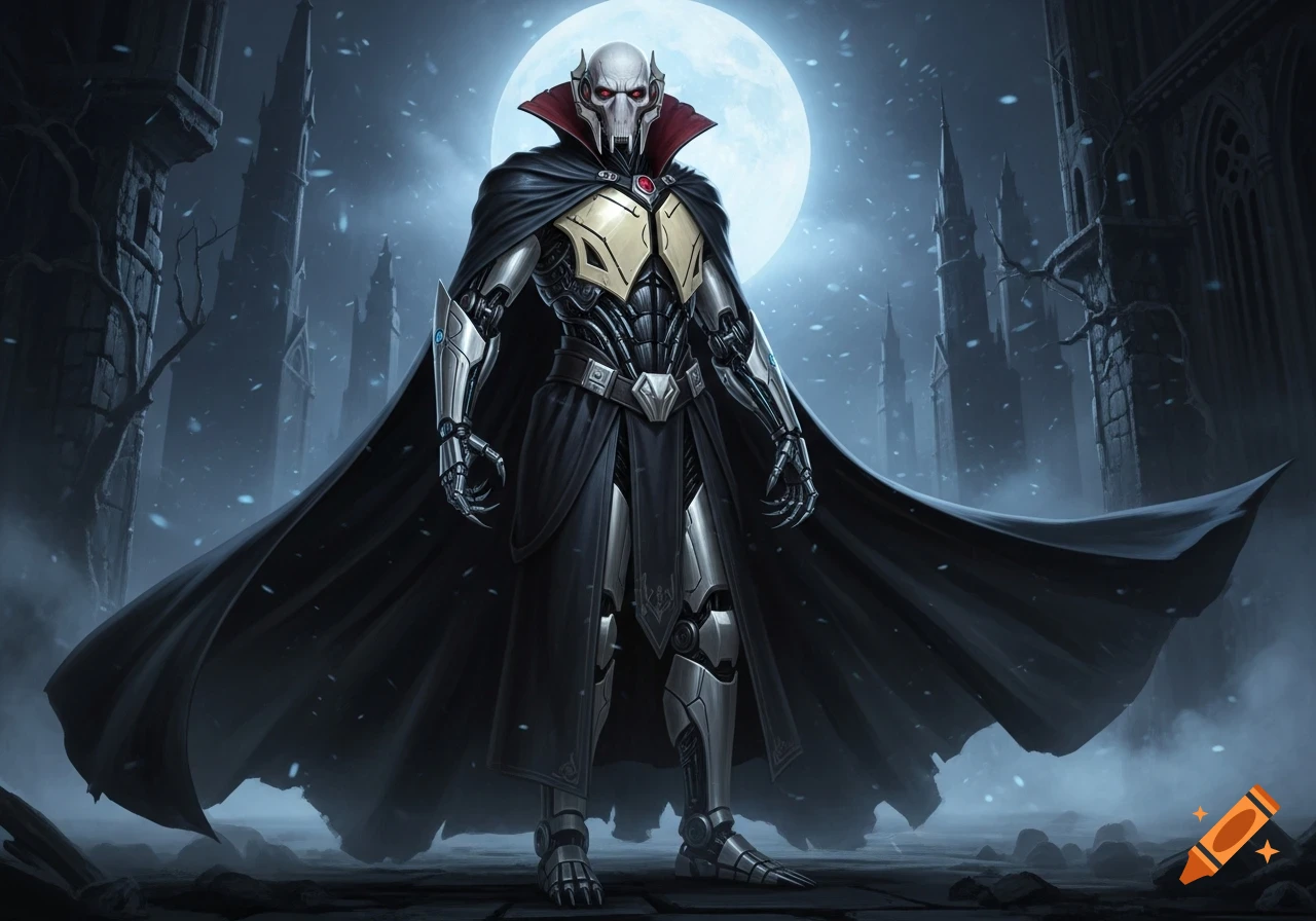 A robotic vampire-like figure with a skull face and red eyes stands in a dark, snowy gothic landscape under a full moon.