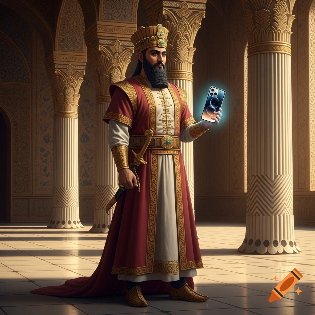 A king in ancient Persian attire stands in an opulent hall, holding a glowing modern smartphone.