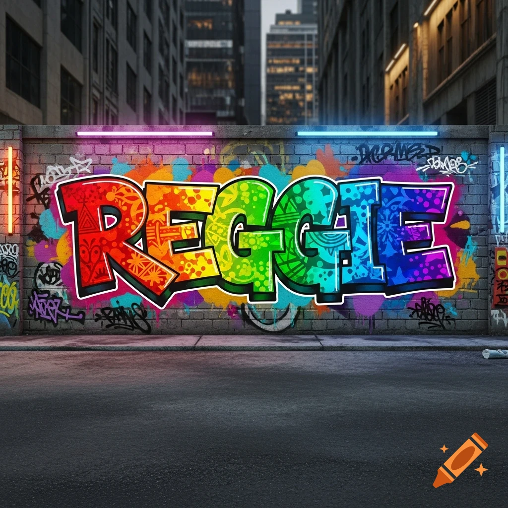 Colorful graffiti spelling "REGGIE" on a brick wall in a city street, with buildings in the background and neon lights.