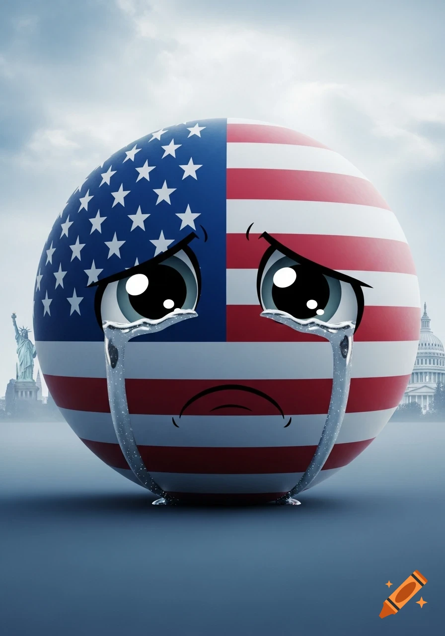 A crying USA flag sphere, with cartoon eyes and tears, against a hazy background of the Statue of Liberty and Capitol Building.