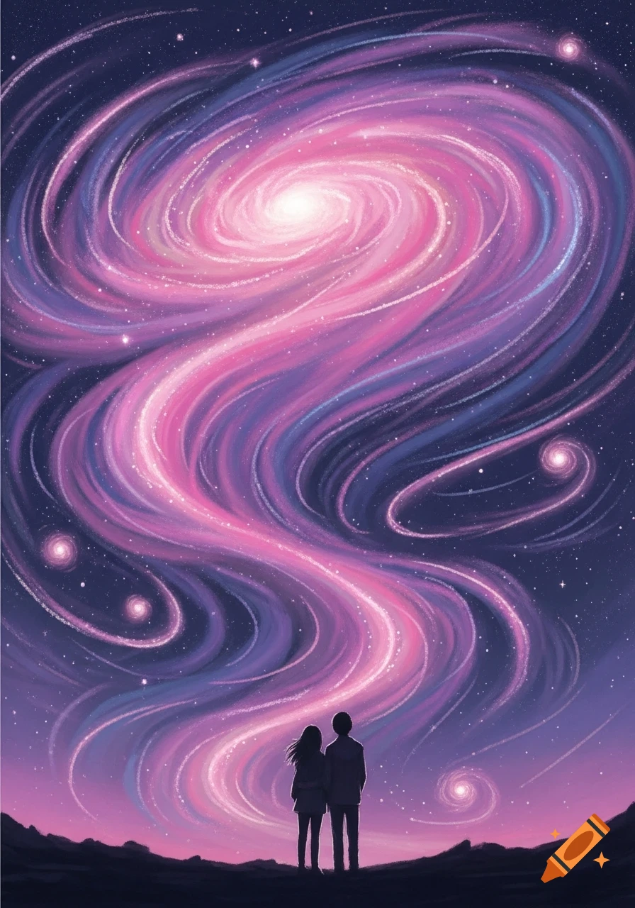 A couple silhouetted against a vibrant pink and purple swirling galaxy in a pastel, starry night style.