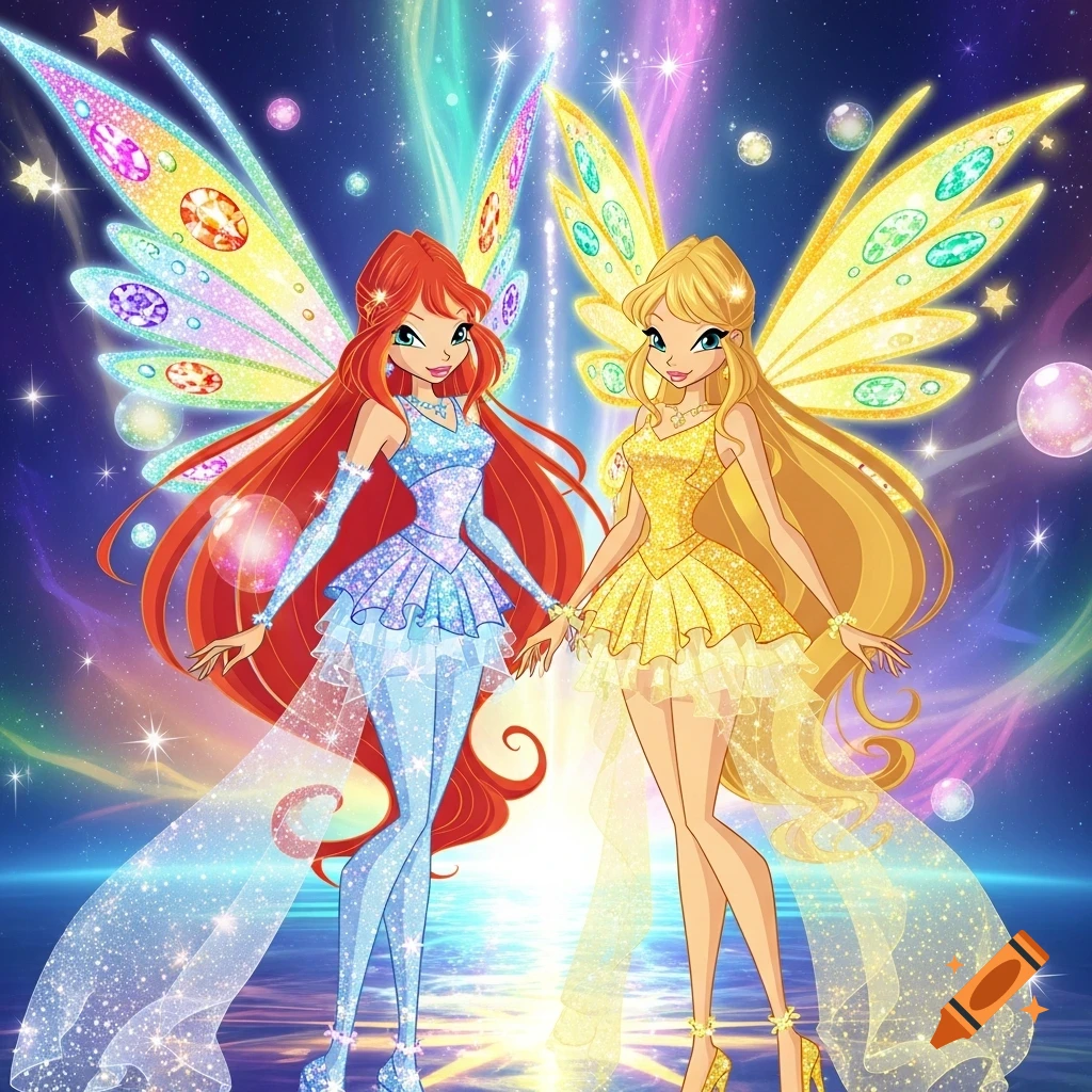 Two anime-style fairies, one with red hair in blue, one with blonde hair in gold, with sparkling wings, against a cosmic background.