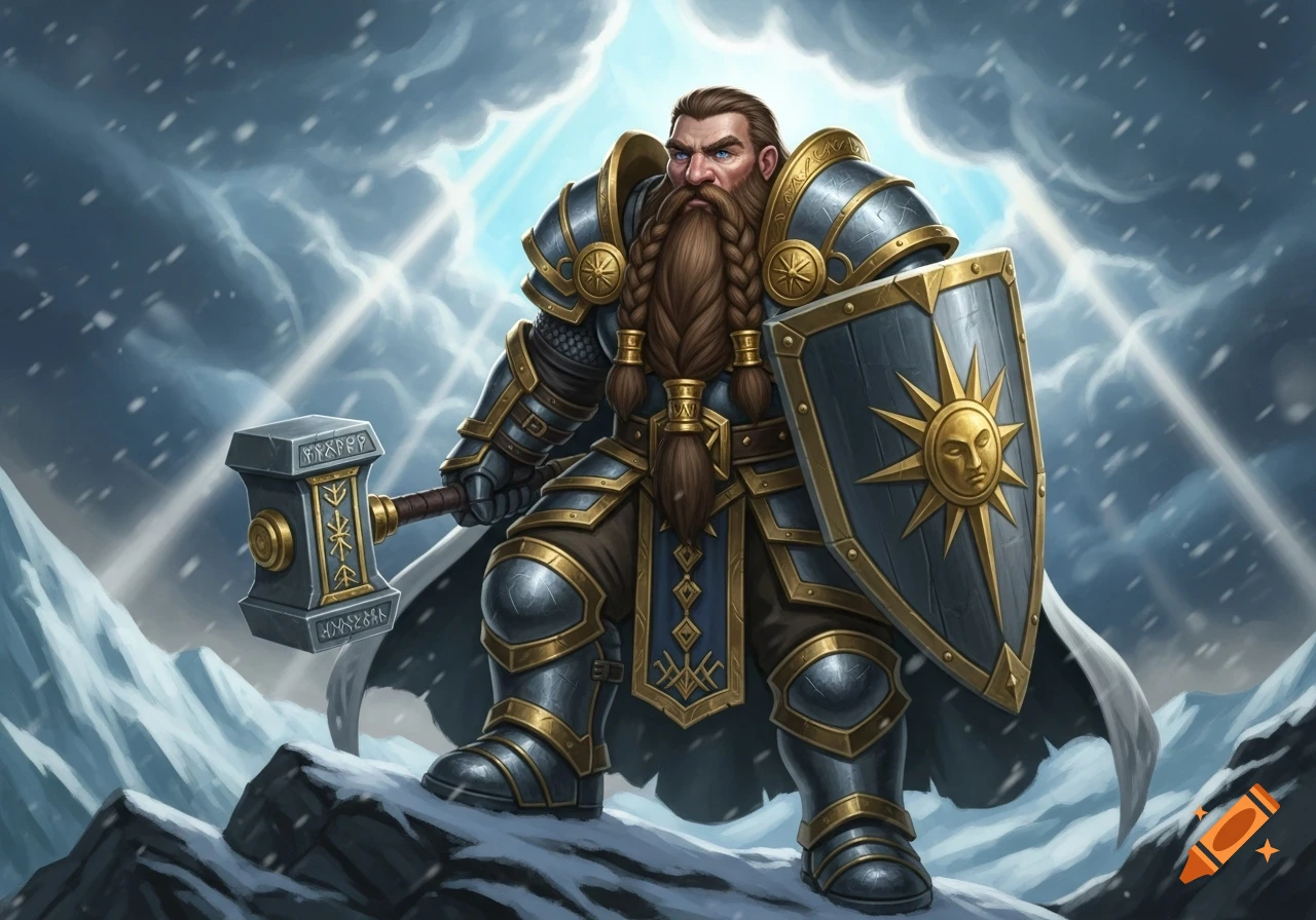 A majestic dwarf paladin in ornate armor with a braided beard stands on a snowy mountain, holding a hammer and a shield with a sun emblem, under a cloudy sky with light rays.