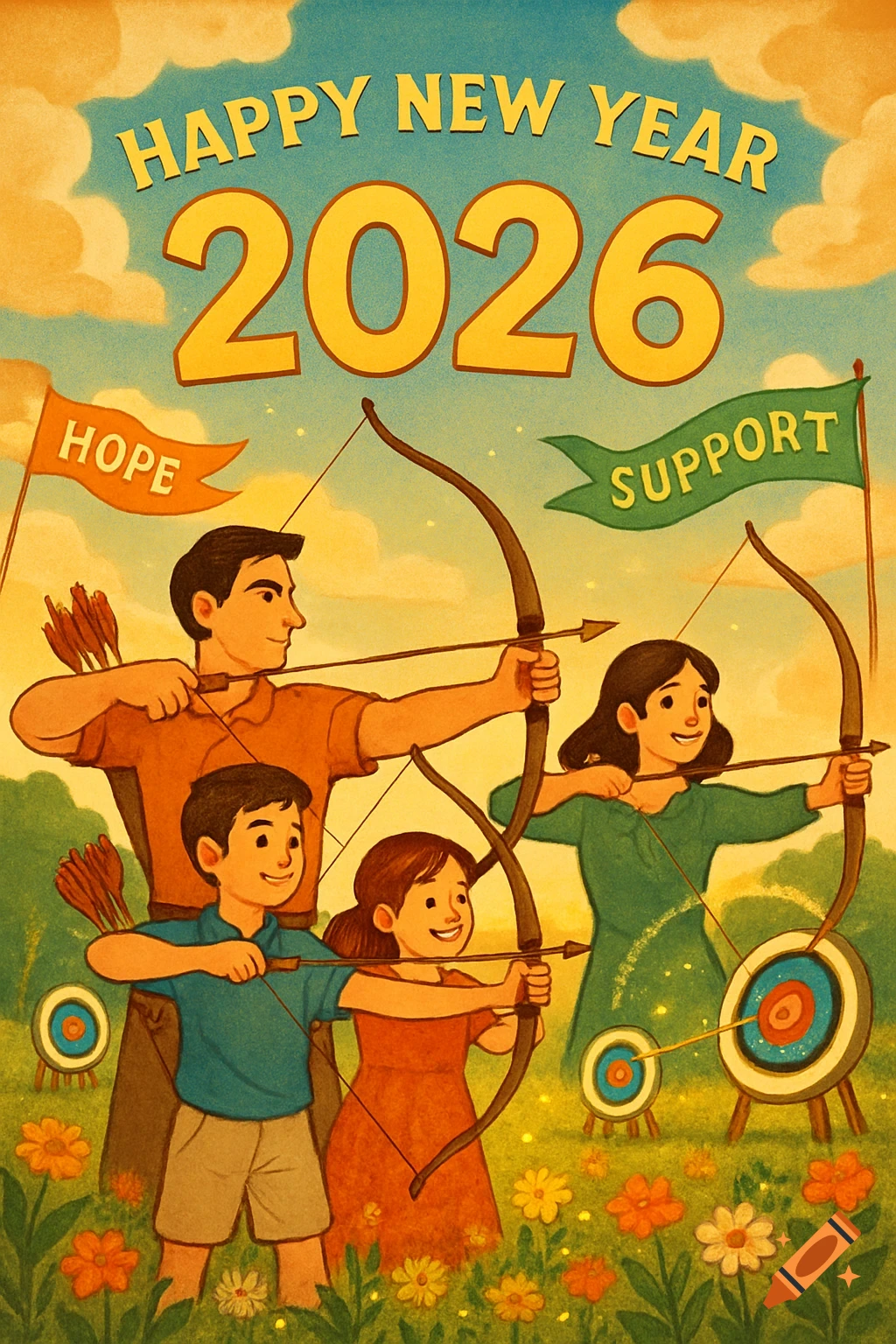 A family does archery in a flowery field under a Happy New Year 2026 banner, with flags for Hope and Support, in a vintage illustration style.