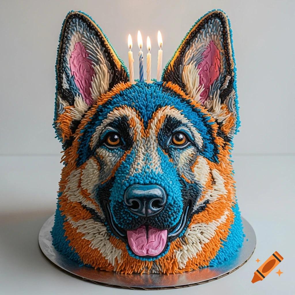 Photorealistic German Shepherd head cake covered in blue, orange, and white sprinkles, with four lit birthday candles.
