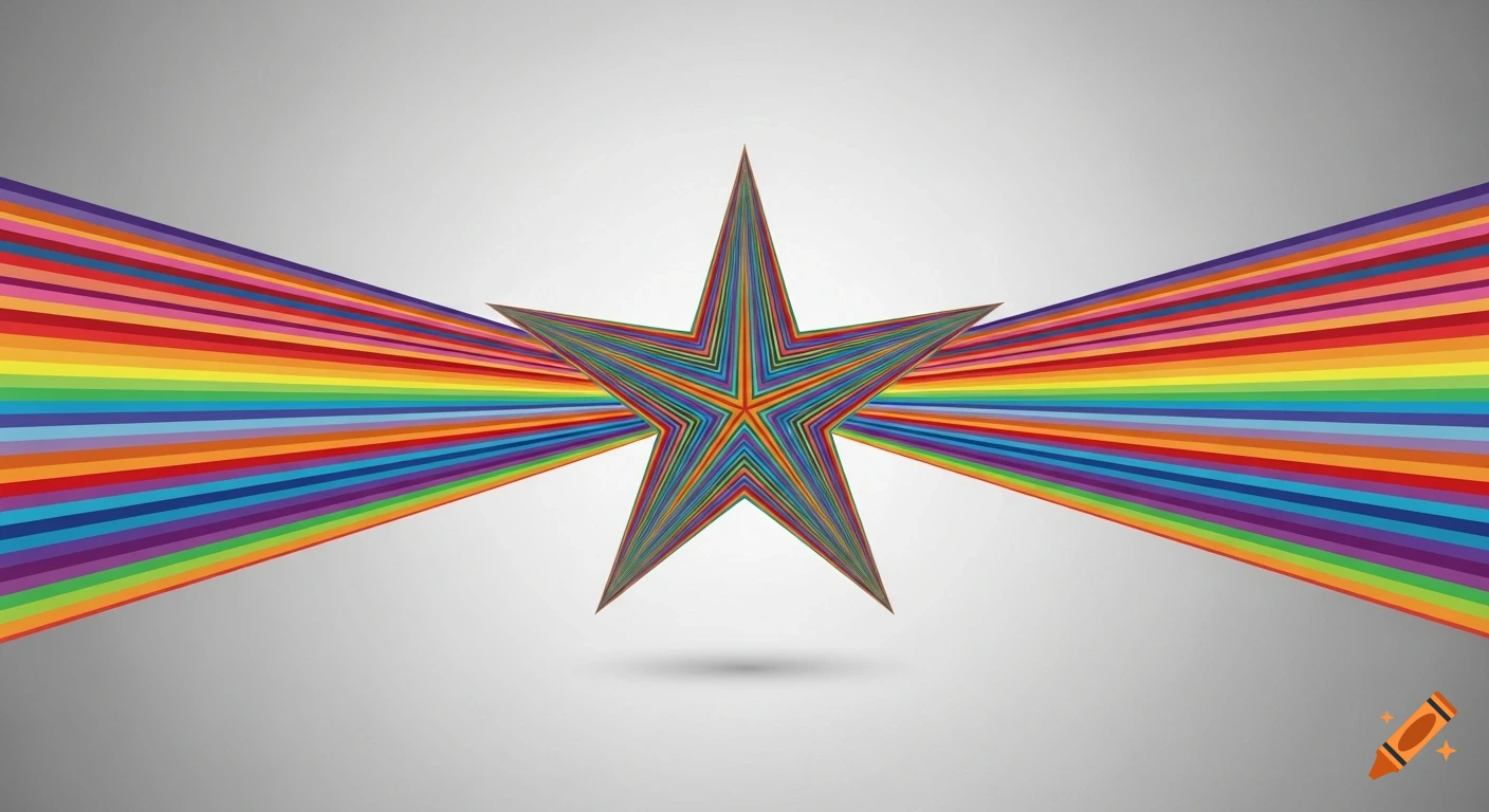 Abstract graphic design featuring a multi-layered, rainbow-striped star at the center, with rainbow bands radiating horizontally.