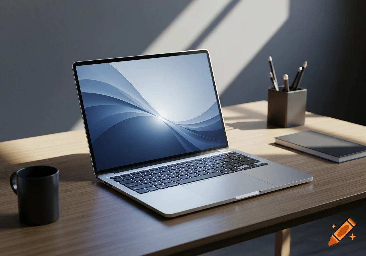 A silver laptop with a blue abstract wallpaper open on a wooden desk next to a black mug and pen holder, bathed in sunlight.