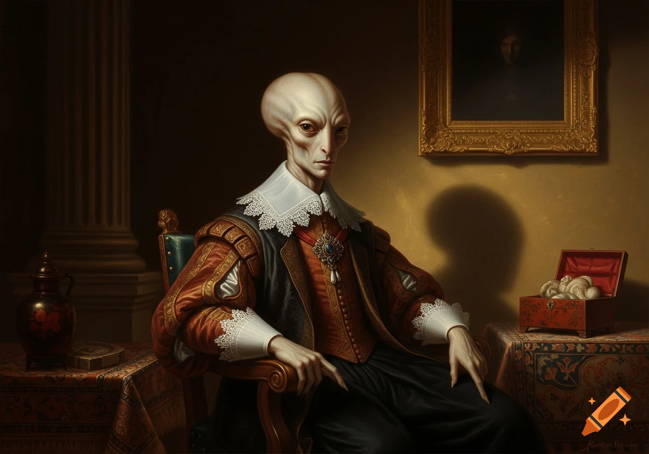 An alien in an elaborate historical costume with a ruff collar sits in a chair, depicted in a dark, classical oil painting style.
