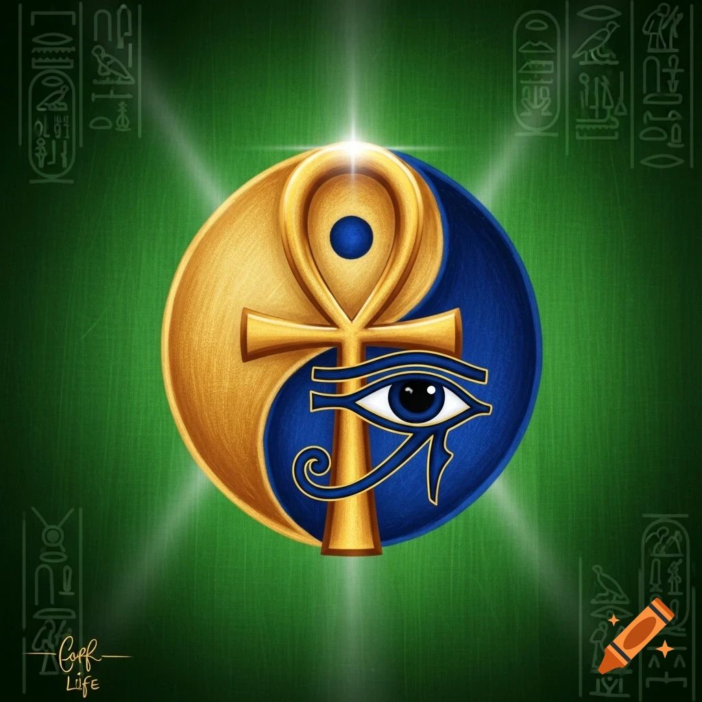 A gold Ankh and blue Eye of Horus form a Yin-Yang symbol on a green background with faint hieroglyphs.