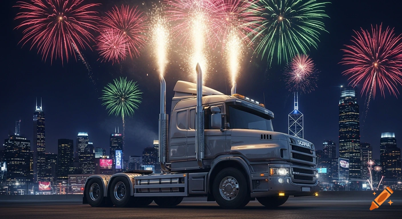 A grey Scania semi-truck with fireworks bursting from its exhaust pipes, parked against a vibrant city skyline at night.