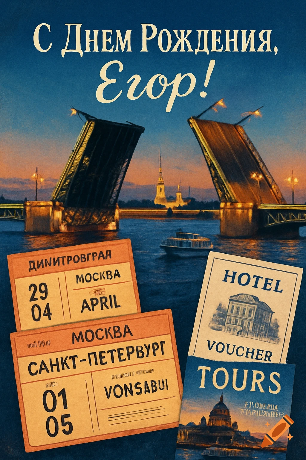 A birthday greeting card collage featuring a night scene of a bridge over a river in St. Petersburg, Russia, with travel tickets, a hotel voucher, and a tours card overlaid.