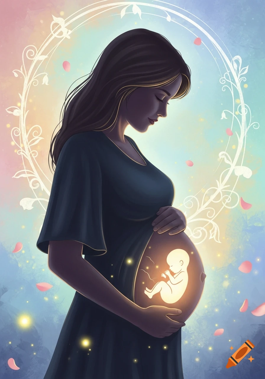 An artistic illustration of a pregnant woman looking down at her glowing womb, revealing a fetus, surrounded by a floral halo.