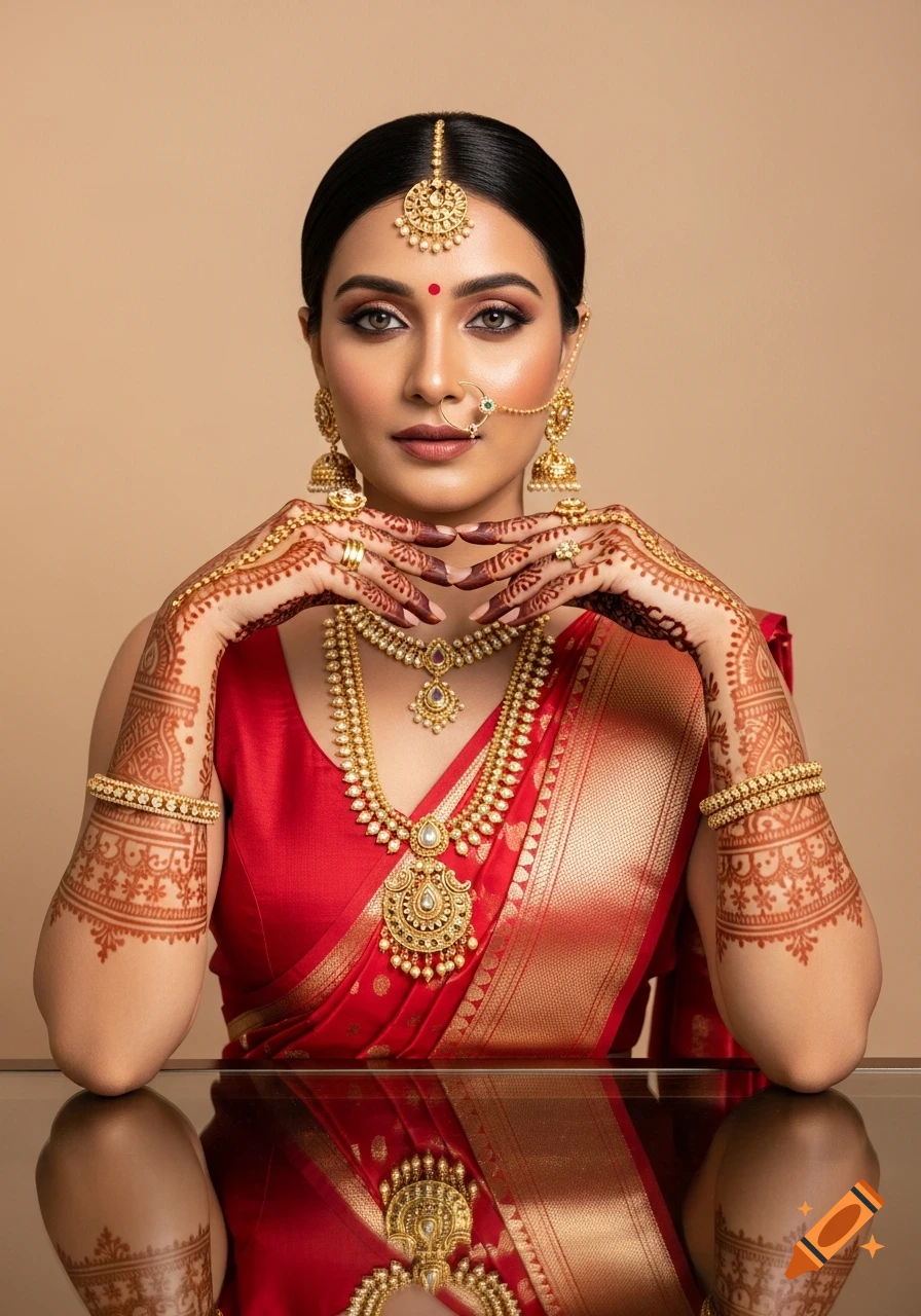 Close-up portrait of a Hindu woman in a red saree, gold jewelry, and mehndi, reflected on a glass table.