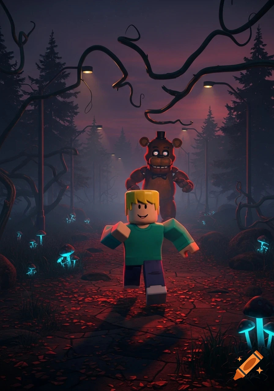 Roblox noob running from Freddy Fazbear in a dark, eerie forest with glowing mushrooms and twisted trees, 3D art.