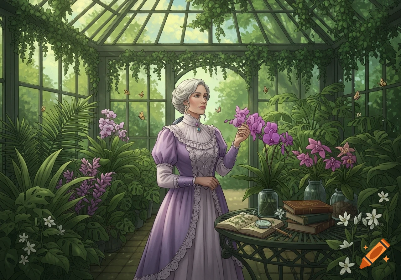 A woman in a purple historical dress stands in a lush greenhouse, admiring purple orchids. A book and magnifying glass are on a nearby table.
