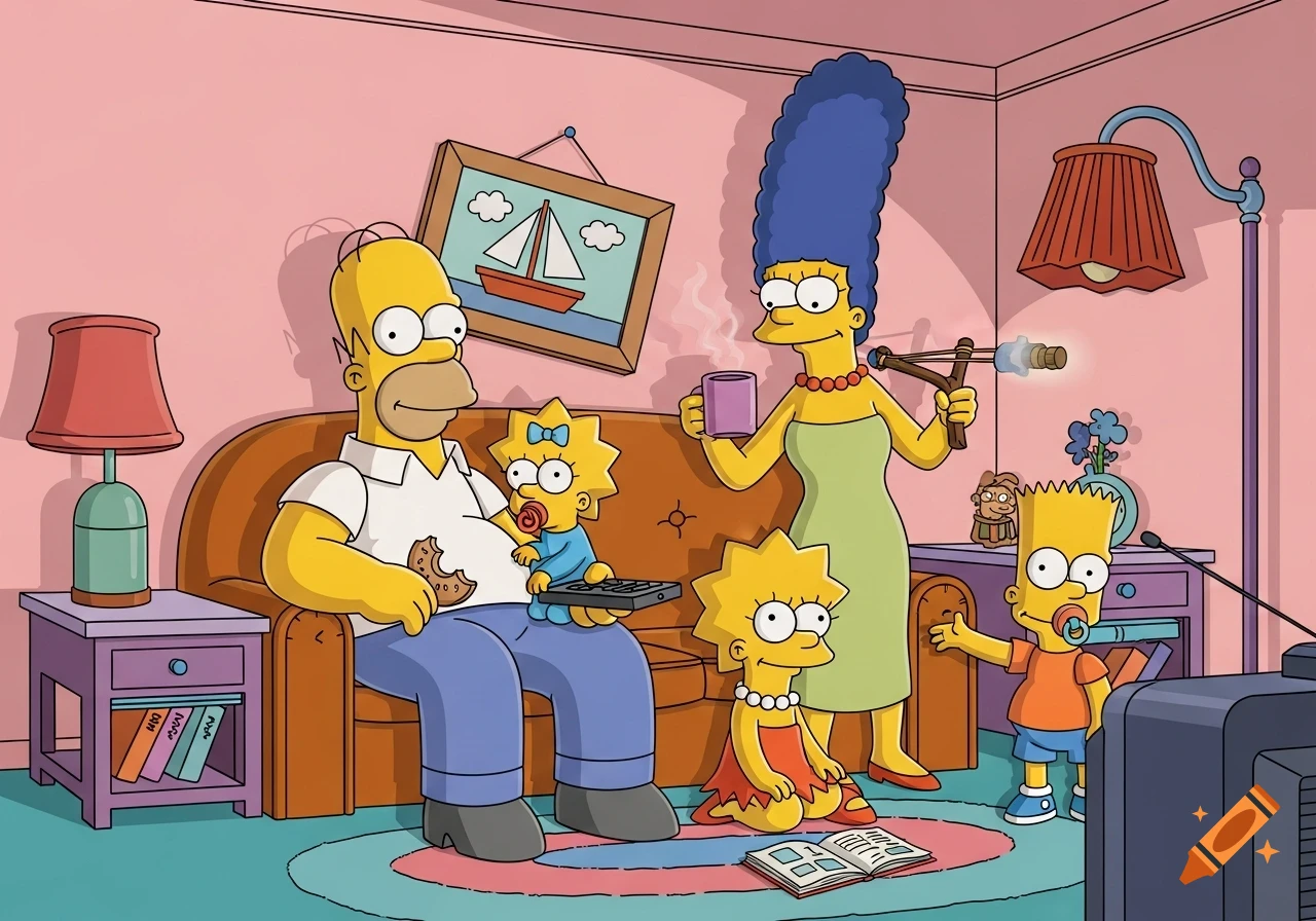 The Simpsons family in their colorful living room. Homer sits on the couch with Maggie, while Marge stands holding a cup and a slingshot, with Lisa and Bart nearby.