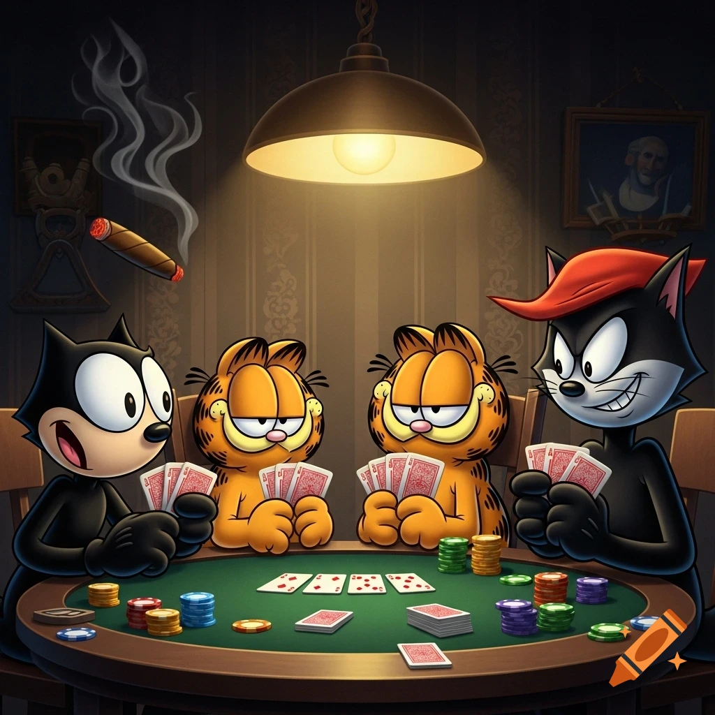 Felix the Cat, two Garfields, and a black cat resembling Heathcliff play poker around a green table under a lamp in a cartoon style.