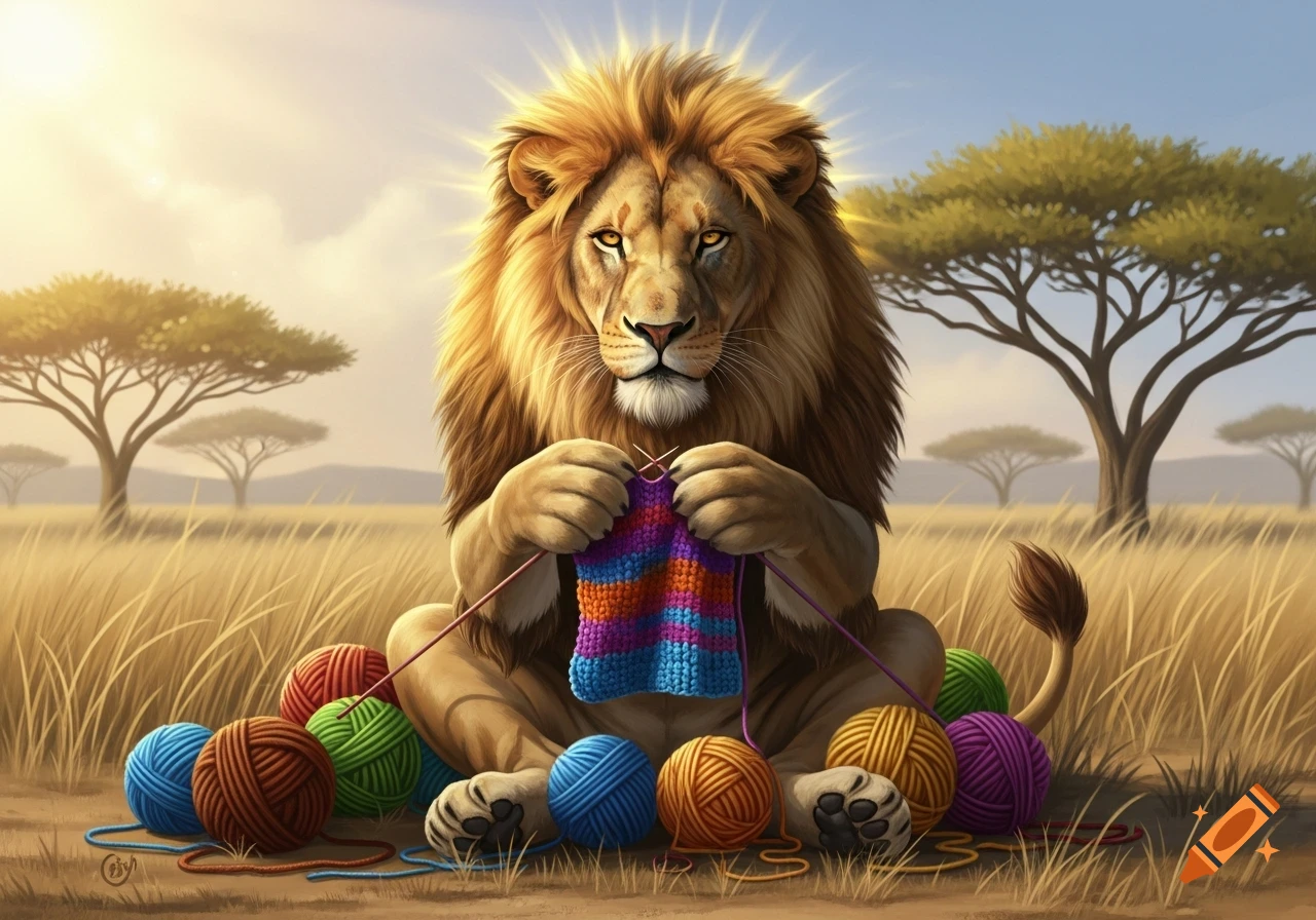 A majestic lion with a glowing mane sits in a sunny savanna, knitting a colorful striped garment surrounded by balls of yarn.
