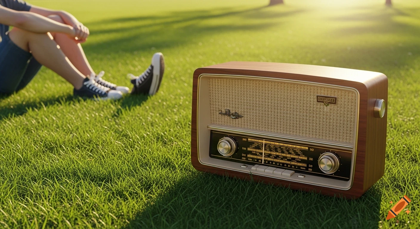 A vintage radio sits on bright green grass in the foreground, with a blurred person wearing sneakers relaxing in the background under sunlight.