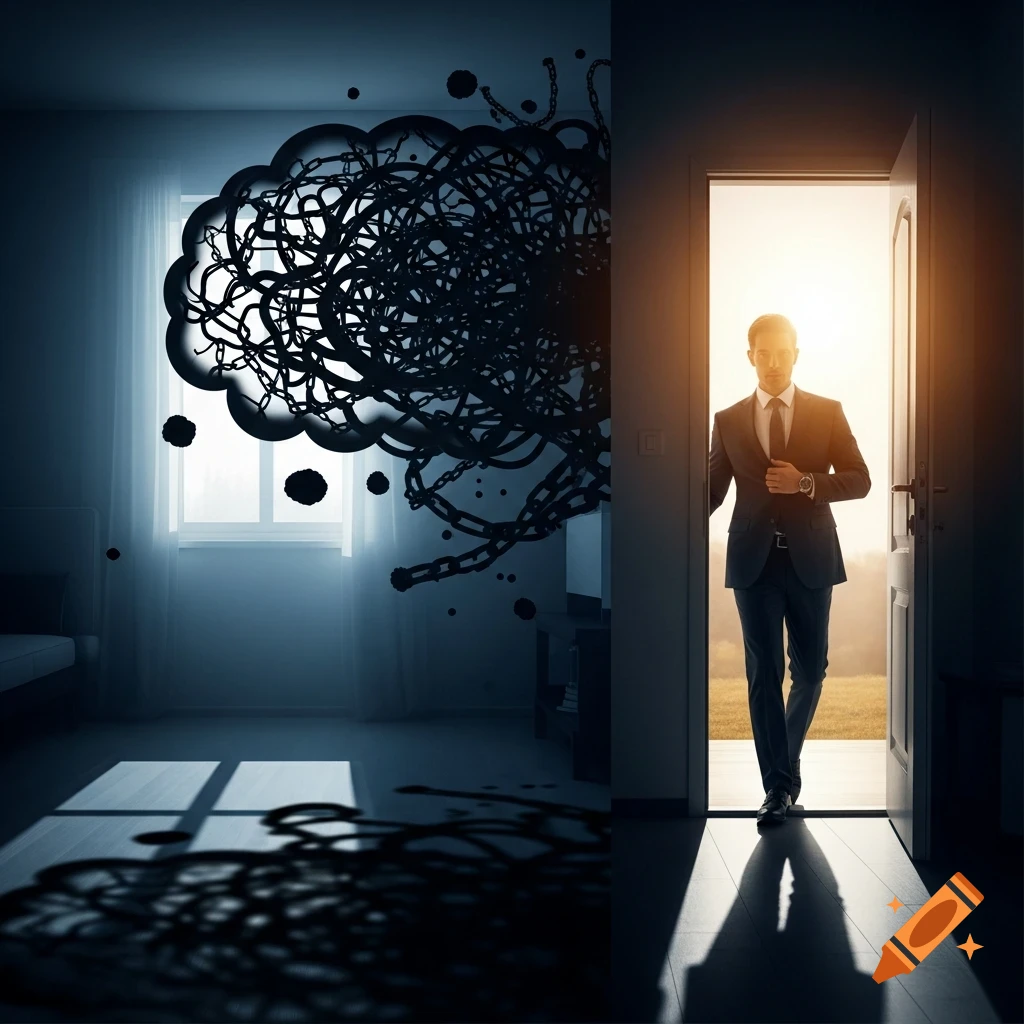 A man in a suit steps out of a dark room filled with tangled chains into bright sunlight, a conceptual art piece.