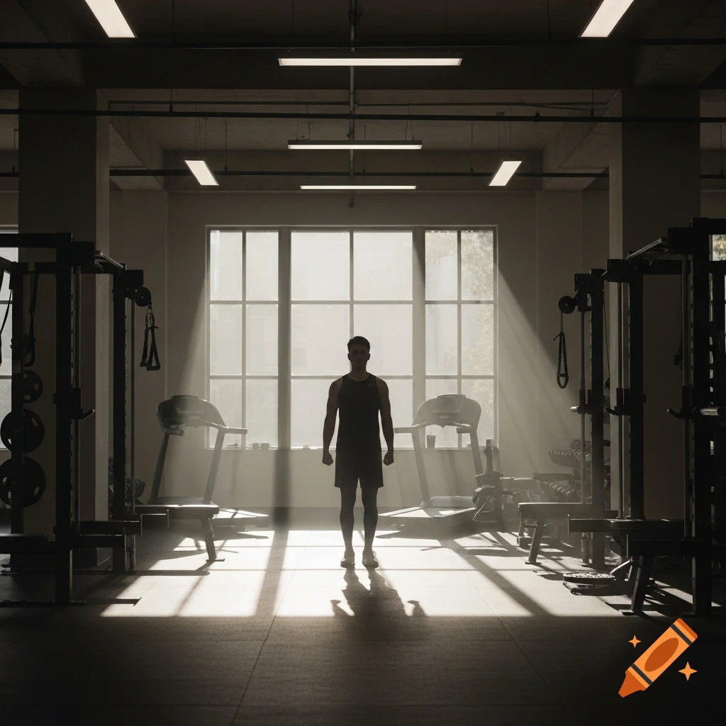 Cinematic shot of a man in a gym, silhouetted against bright windows, surrounded by workout equipment.