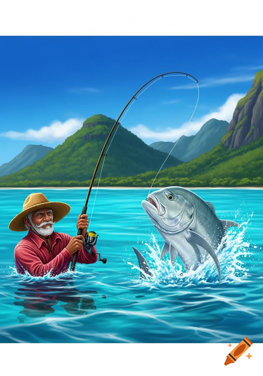 An old man in a straw hat and red shirt stands in clear blue water, reeling in a large fish that splashes out of the ocean with mountains in the background.