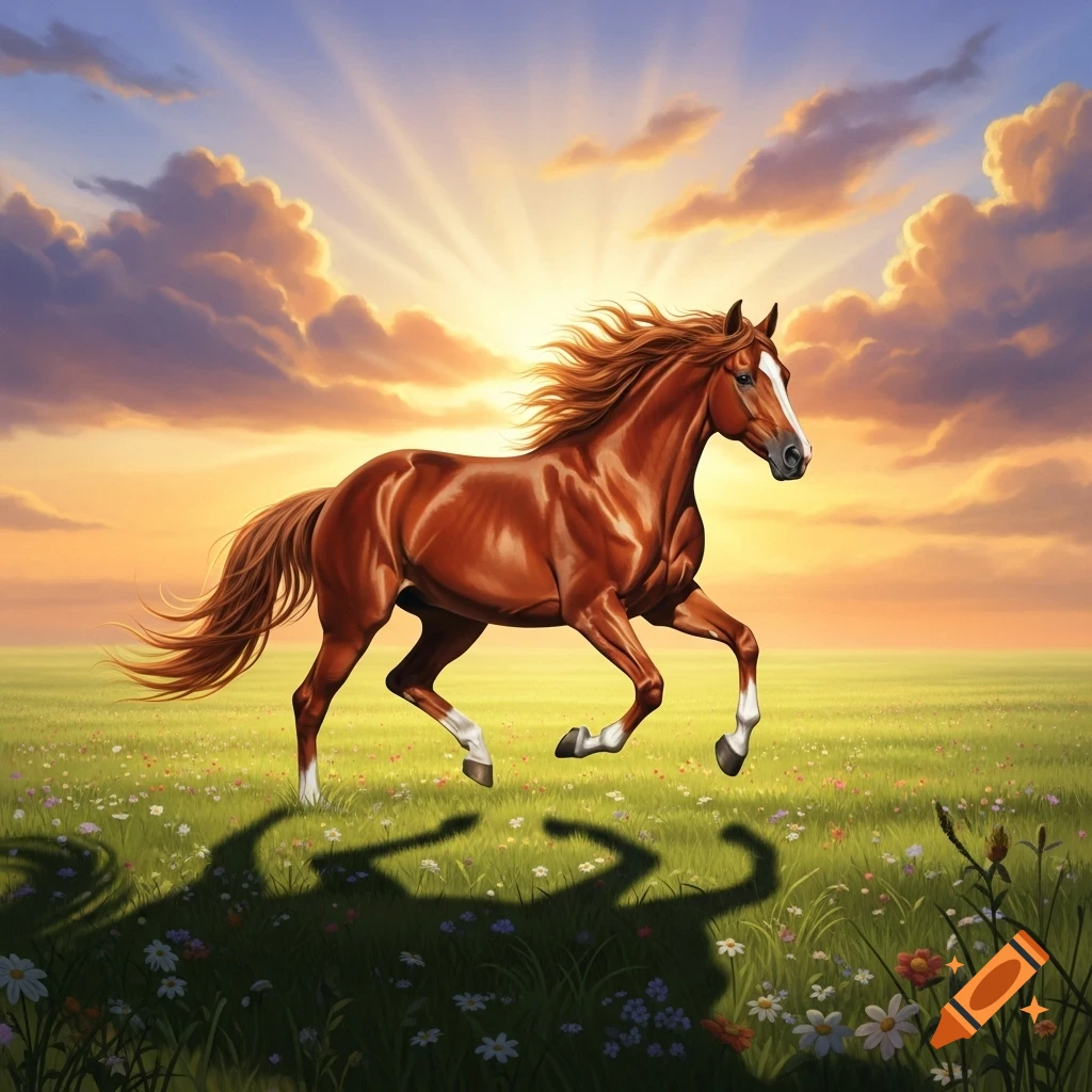 A majestic brown horse with a flowing mane gallops through a vibrant green field filled with wildflowers at sunset, casting a long shadow.
