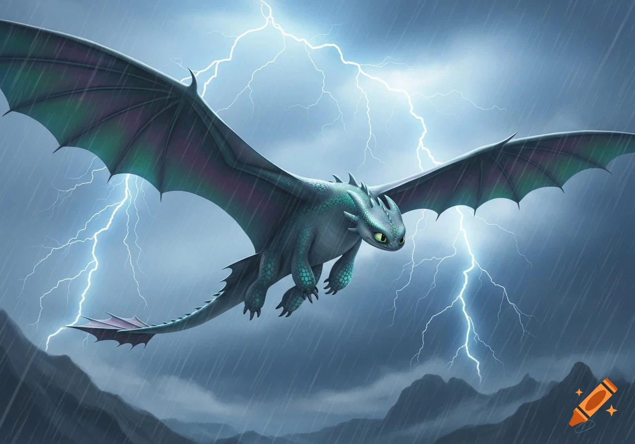 A teal and grey dragon with large wings flies through a stormy sky filled with bright lightning and rain, over dark mountains.