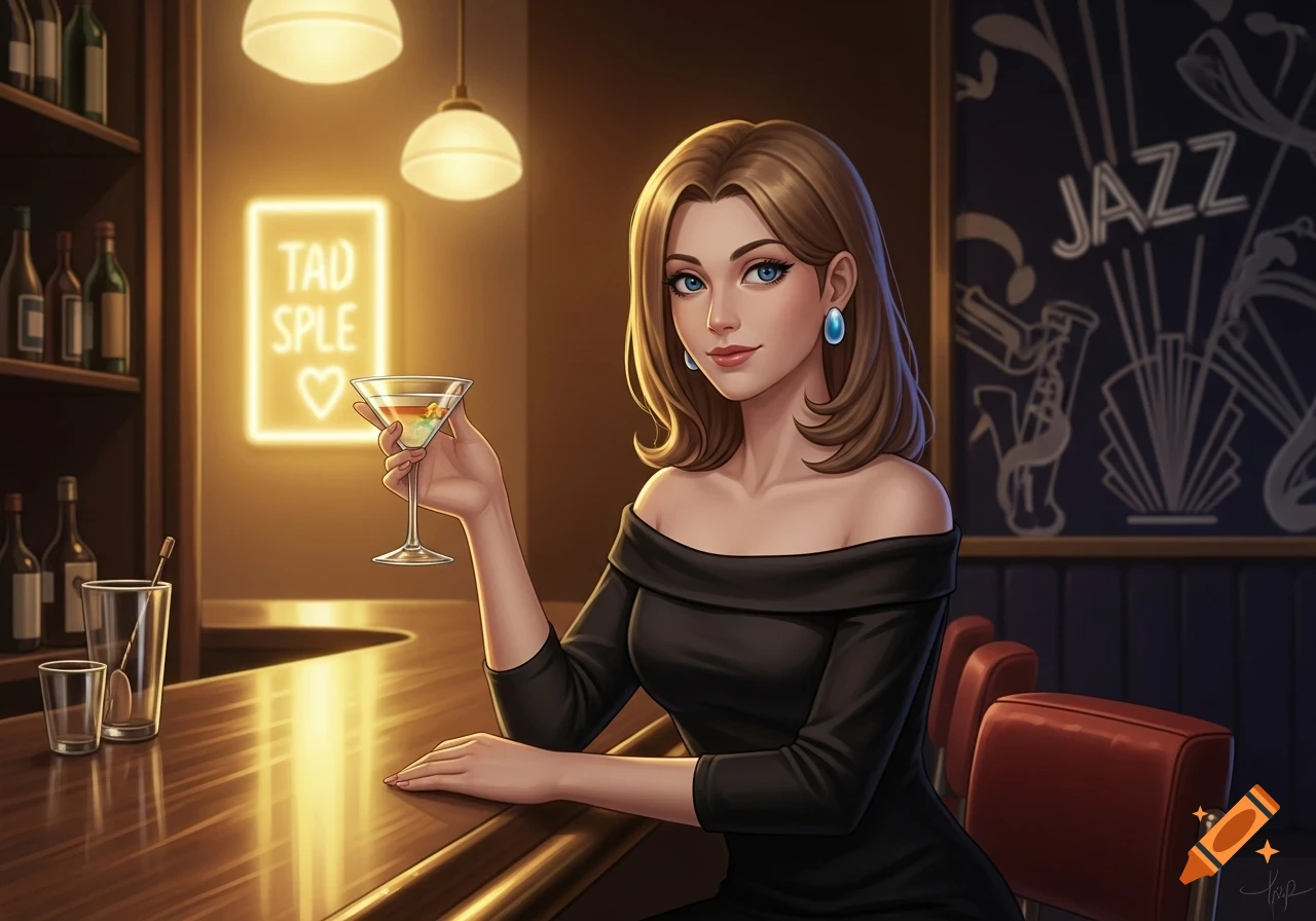 Illustrated woman with brown hair and blue eyes, wearing a black off-the-shoulder dress, holding a martini at a dimly lit bar.