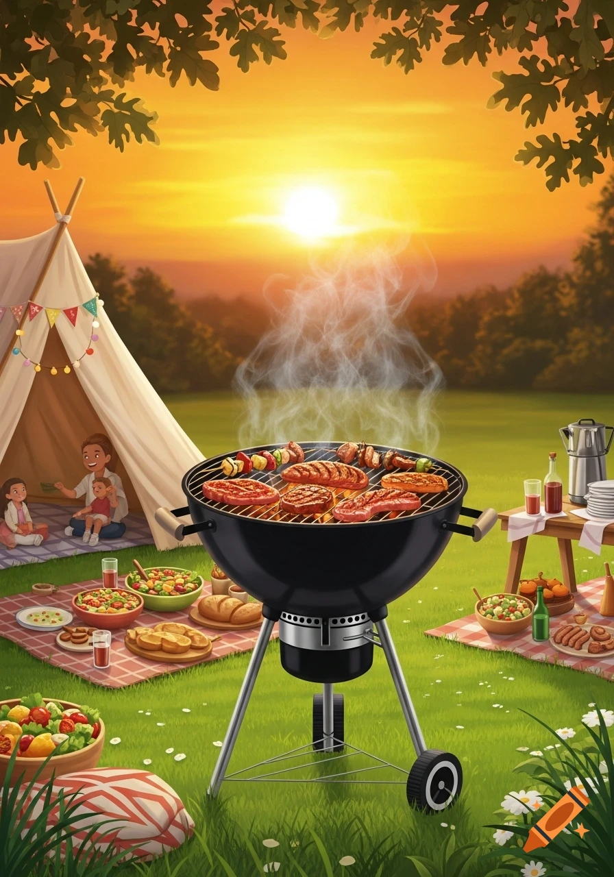 Illustration of a family BBQ and camping scene at sunset, featuring a black grill with food and a tent.