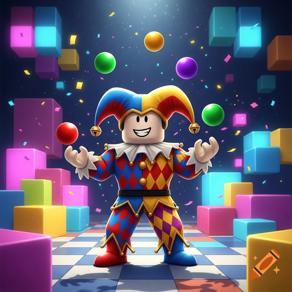 A Roblox character dressed as a jester juggles colorful balls in a vibrant, festive scene with confetti and blocks on a checkered floor.