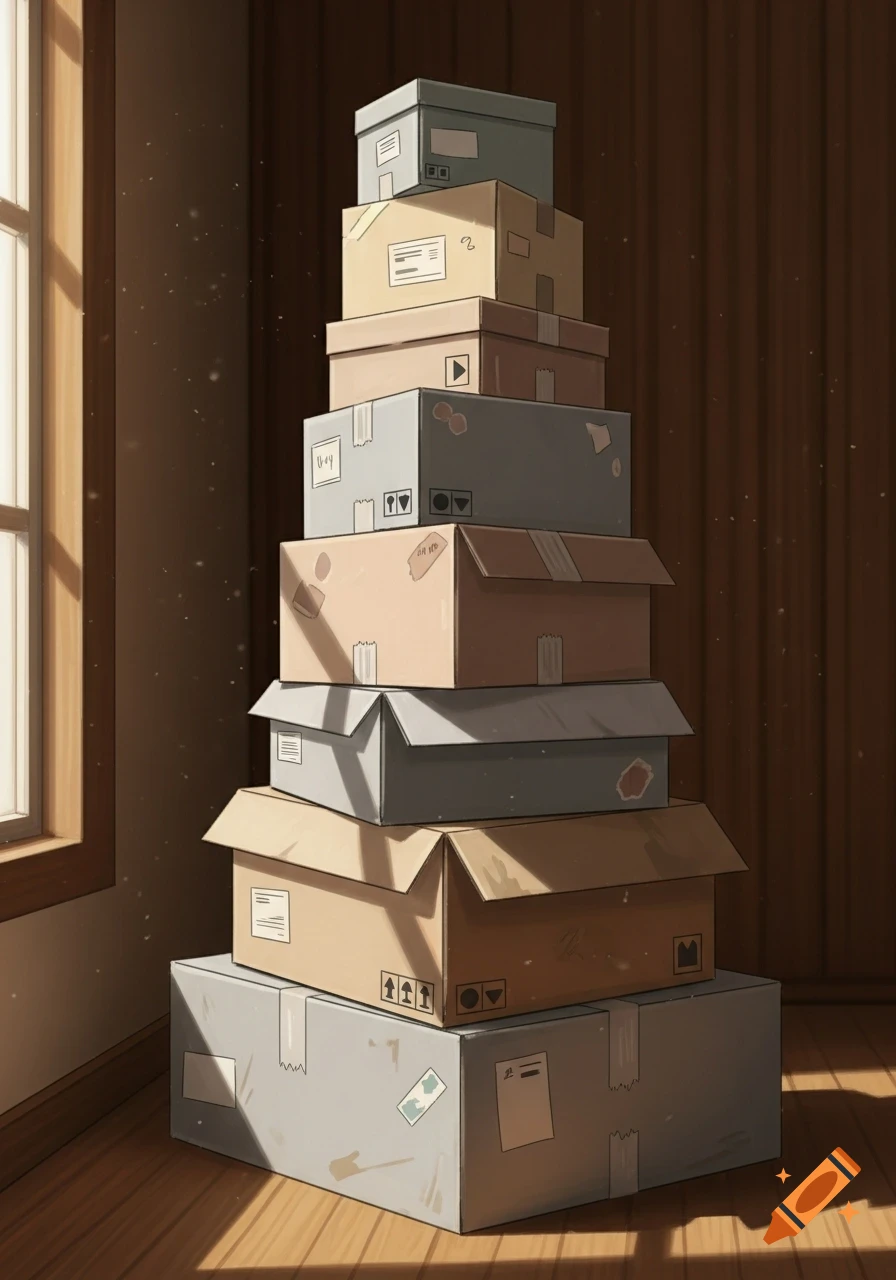 A tall stack of assorted cardboard moving and storage boxes, some with garbled labels, illuminated by sunlight from a window.