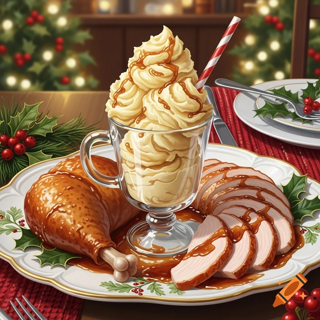 A festive Christmas meal featuring a roasted turkey leg and sliced breast with gravy, alongside a glass filled with whipped dessert topped with caramel and a striped straw, all set on a decorative plate with holly.