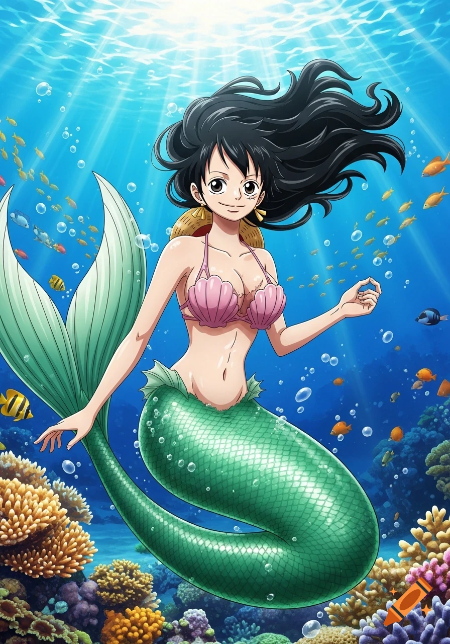 An anime-style mermaid with long black hair and a pink shell bra swims in a vibrant coral reef, surrounded by fish.