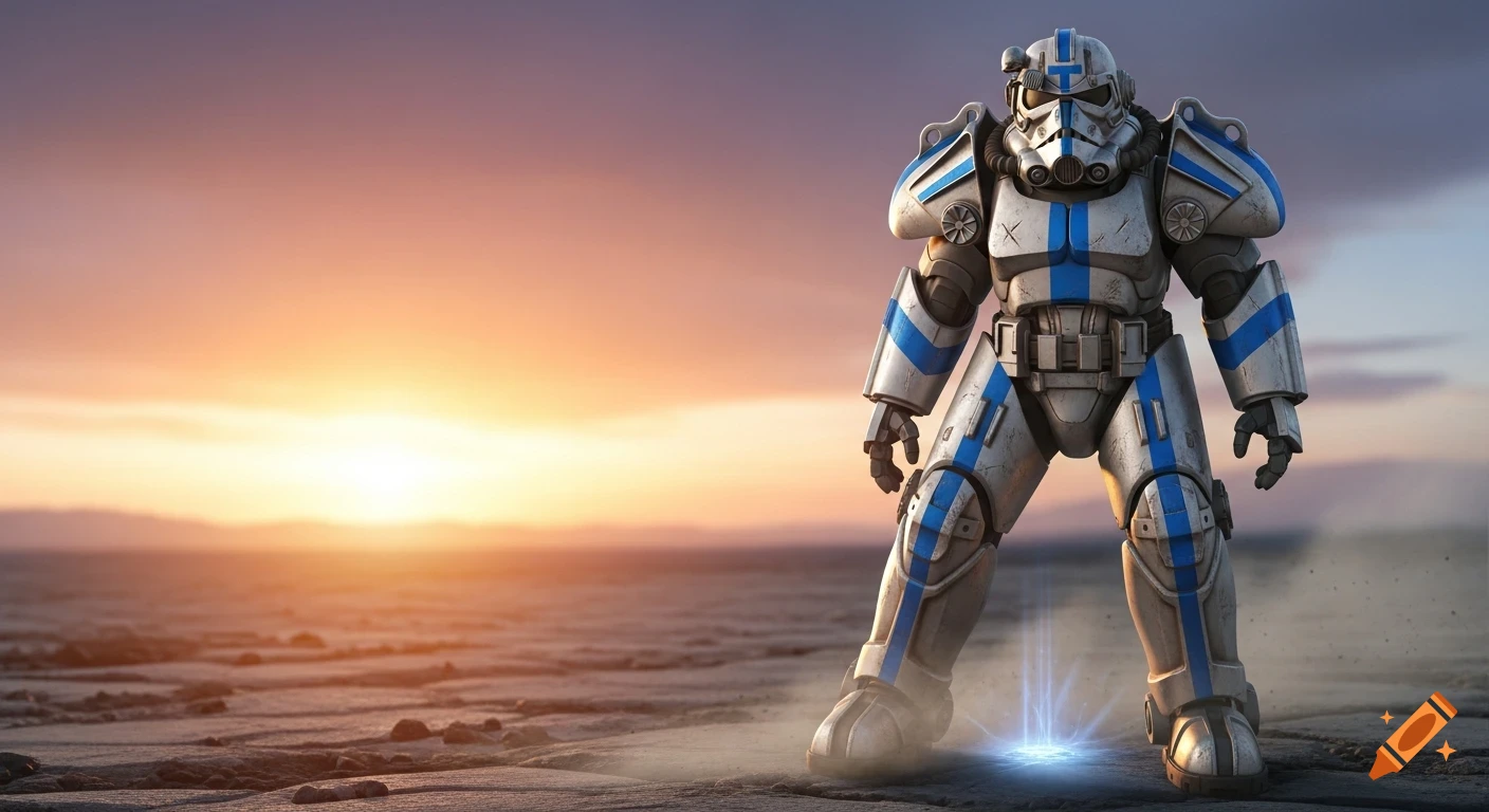 A detailed, weathered Fallout power armor suit with blue Captain Rex-inspired stripes stands in a desolate wasteland at sunset, glowing feet.
